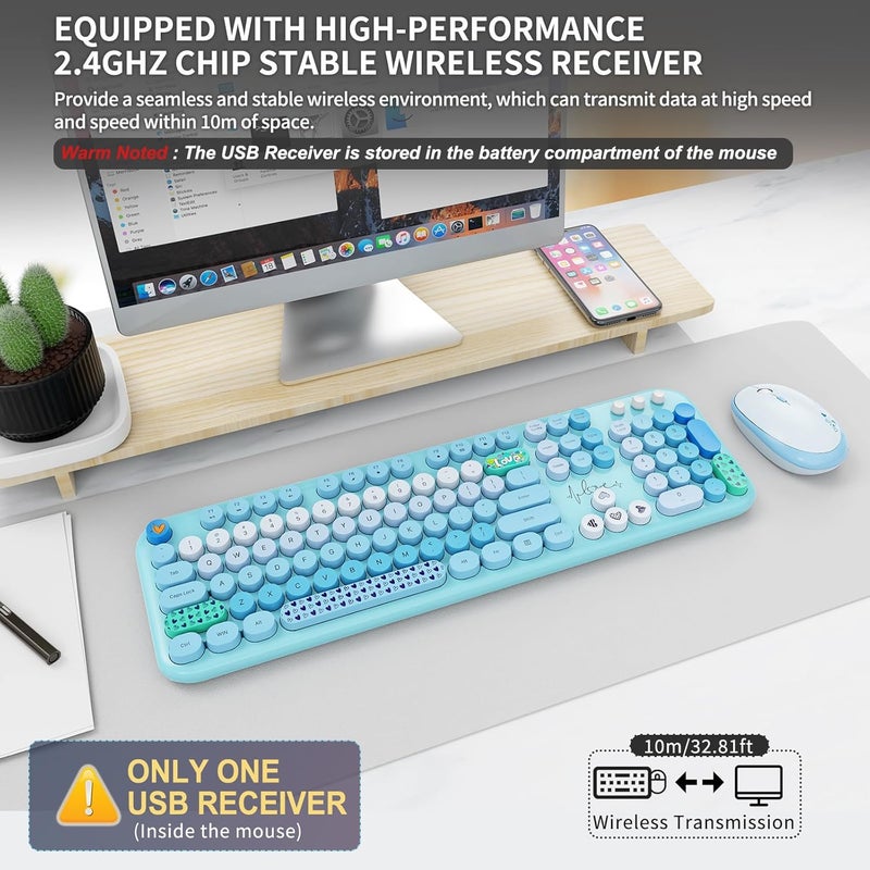 FOPETT Wireless Keyboard and Mouse Set, 104 Round Keys Full-Size Cute Colorful Keyboard and Mouse with Retro Typewriter for PC/Mac/Laptop/Tablet/Computer/Windows Blue - Image 3
